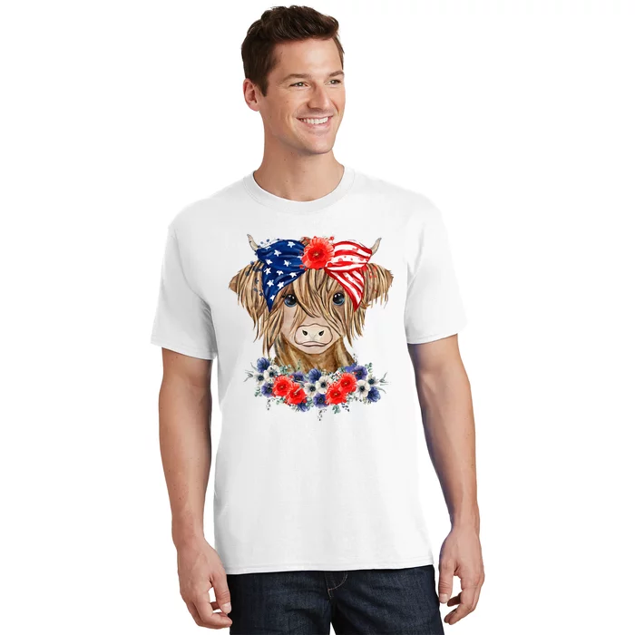 Highland Cow 4th Of July American Flag Independence Day T-Shirt