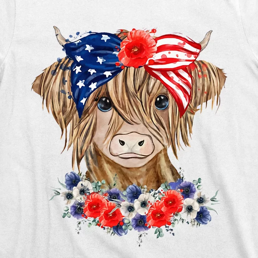 Highland Cow 4th Of July American Flag Independence Day T-Shirt