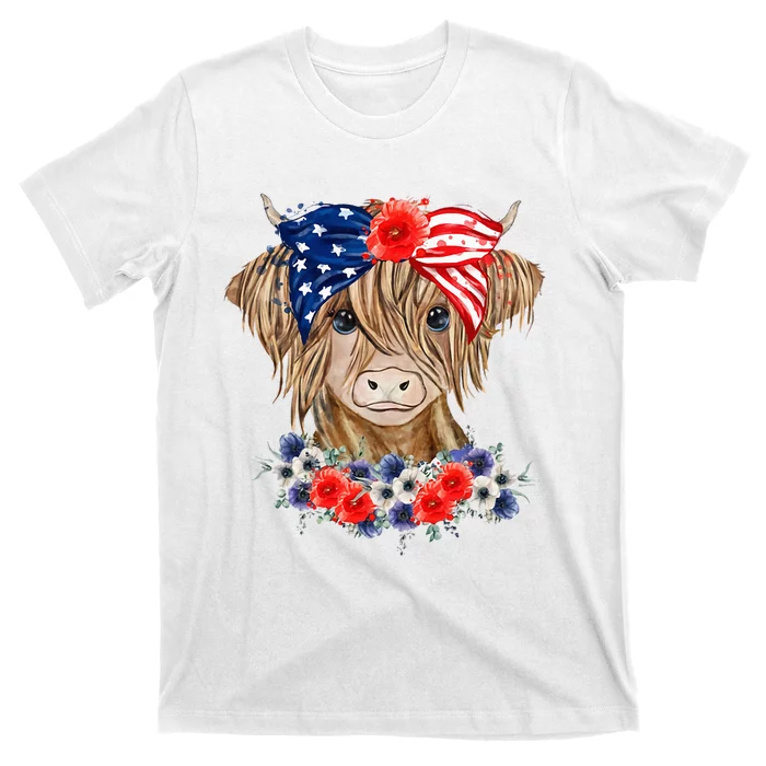 Highland Cow 4th Of July American Flag Independence Day T-Shirt