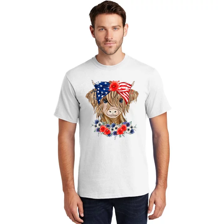 Highland Cow 4th Of July American Flag Independence Day Tall T-Shirt