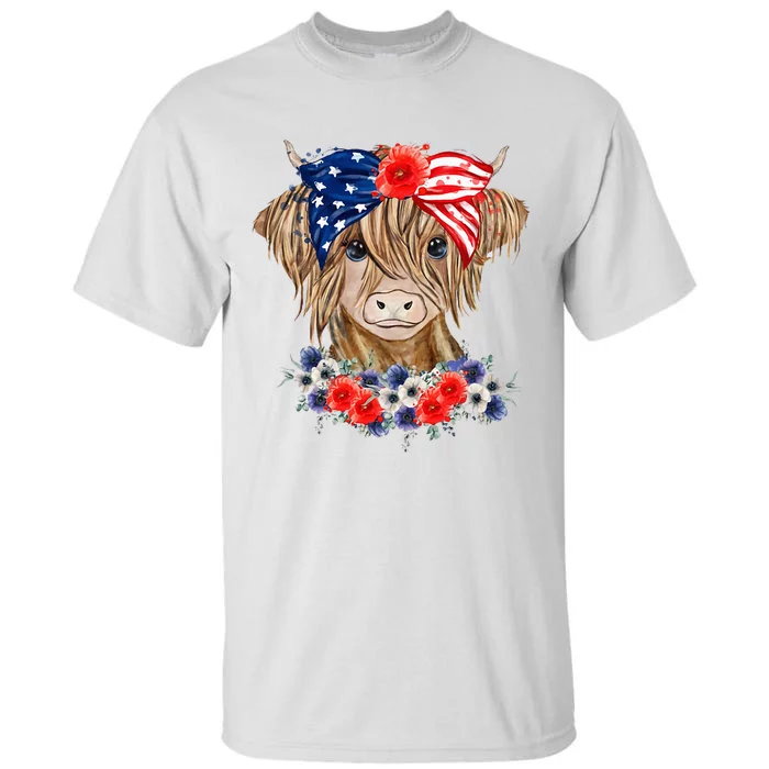 Highland Cow 4th Of July American Flag Independence Day Tall T-Shirt