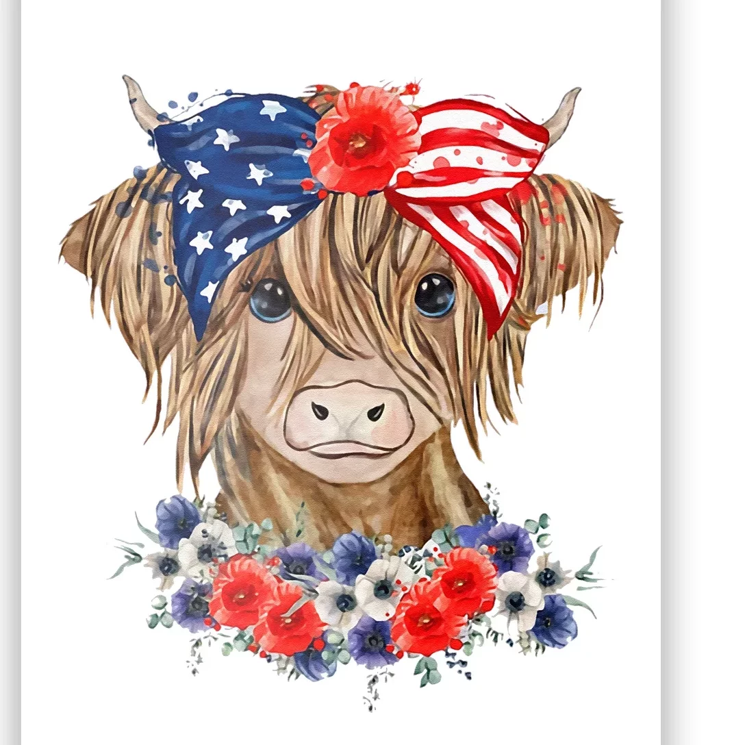 Highland Cow 4th Of July American Flag Independence Day Poster