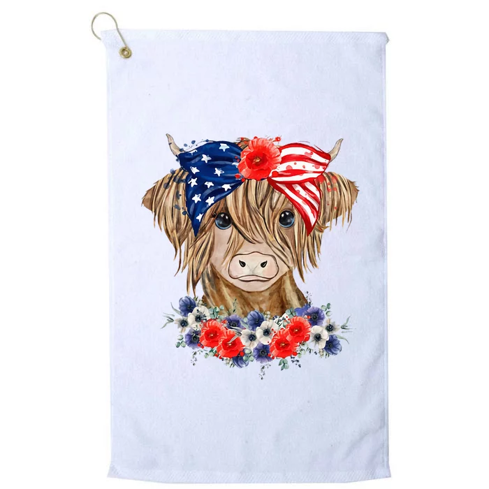 Highland Cow 4th Of July American Flag Independence Day Platinum Collection Golf Towel