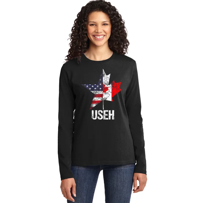 Half Canadian American Useh Canada Usa Flag United States Ladies Long Sleeve Shirt