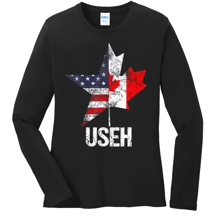 Half Canadian American Useh Canada Usa Flag United States Ladies Long Sleeve Shirt