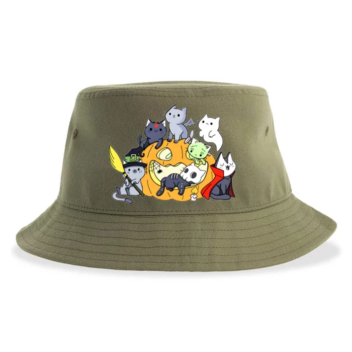 Halloween Cats Anime Cat Kawaii Neko Pumpkin Cat Lover Halloween Sustainable Bucket Hat