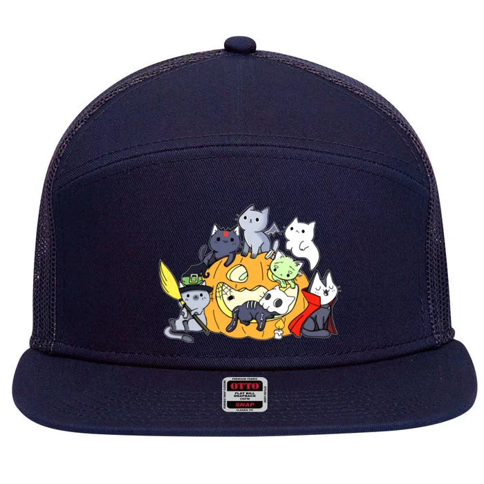 Halloween Cats Anime Cat Kawaii Neko Pumpkin Cat Lover Halloween 7 Panel Mesh Trucker Snapback Hat