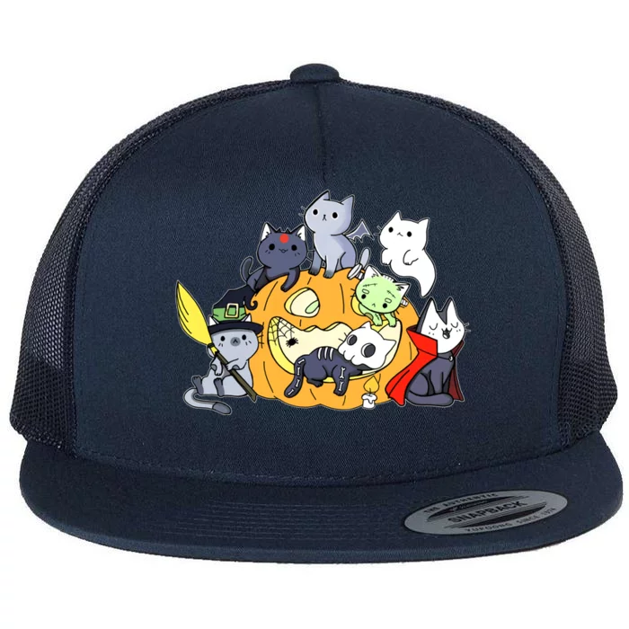 Halloween Cats Anime Cat Kawaii Neko Pumpkin Cat Lover Halloween Flat Bill Trucker Hat