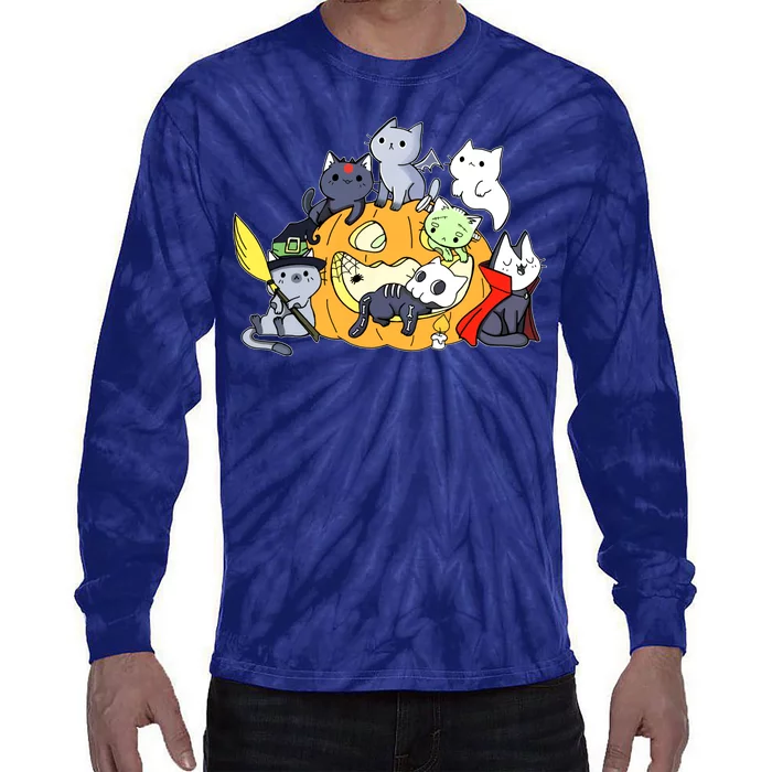 Halloween Cats Anime Cat Kawaii Neko Pumpkin Cat Lover Halloween Tie-Dye Long Sleeve Shirt