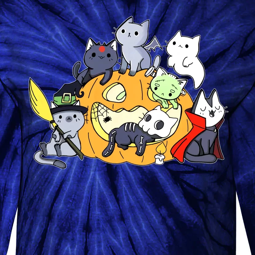 Halloween Cats Anime Cat Kawaii Neko Pumpkin Cat Lover Halloween Tie-Dye Long Sleeve Shirt