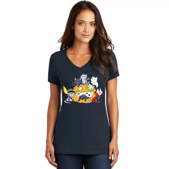 Halloween Cats Anime Cat Kawaii Neko Pumpkin Cat Lover Halloween Women's V-Neck T-Shirt