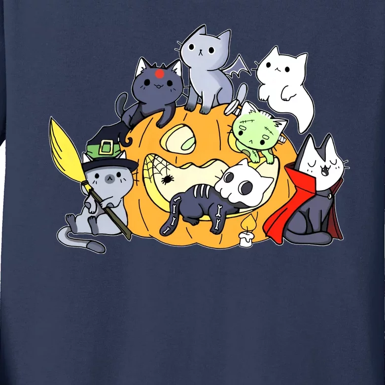 Halloween Cats Anime Cat Kawaii Neko Pumpkin Cat Lover Halloween Kids Long Sleeve Shirt