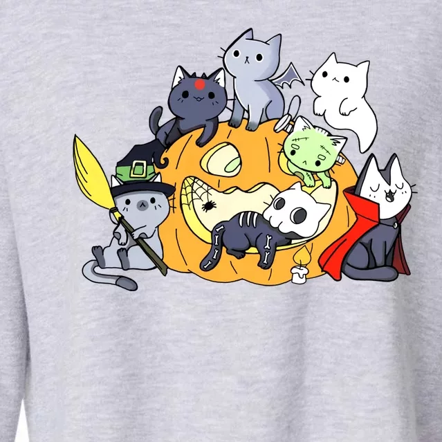 Halloween Cats Anime Cat Kawaii Neko Pumpkin Cat Lover Halloween Cropped Pullover Crew