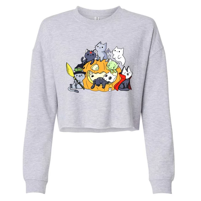 Halloween Cats Anime Cat Kawaii Neko Pumpkin Cat Lover Halloween Cropped Pullover Crew