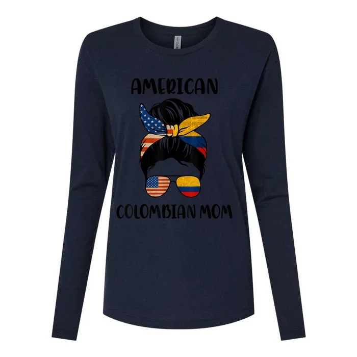 Half Colombian American Mom Messy Bun Flag Mothers Day Womens Cotton Relaxed Long Sleeve T-Shirt