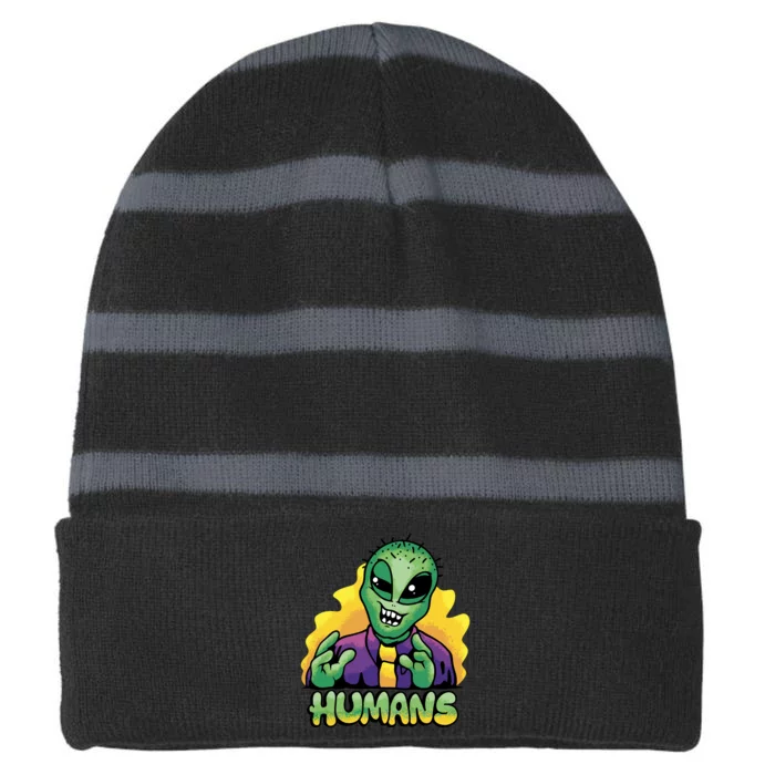 Humans Crazy Alien Funny Striped Beanie with Solid Band