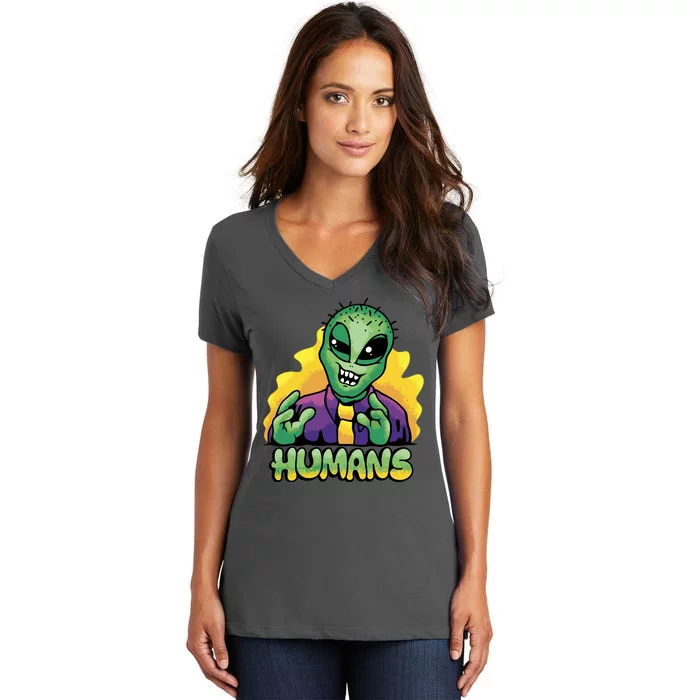 Humans Crazy Alien Funny Women's V-Neck T-Shirt