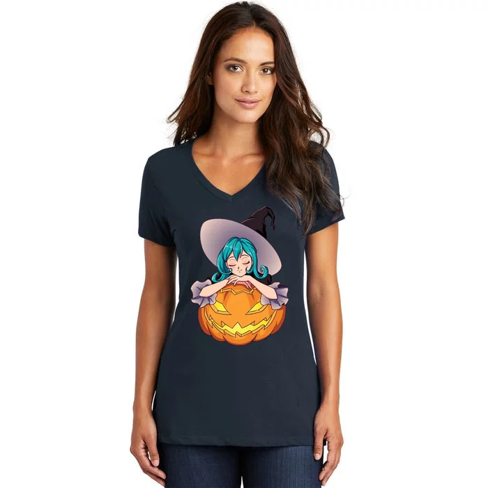 Halloween Cute Anime Witch Pumpkin Women's V-Neck T-Shirt