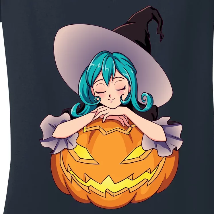 Halloween Cute Anime Witch Pumpkin Women's V-Neck T-Shirt