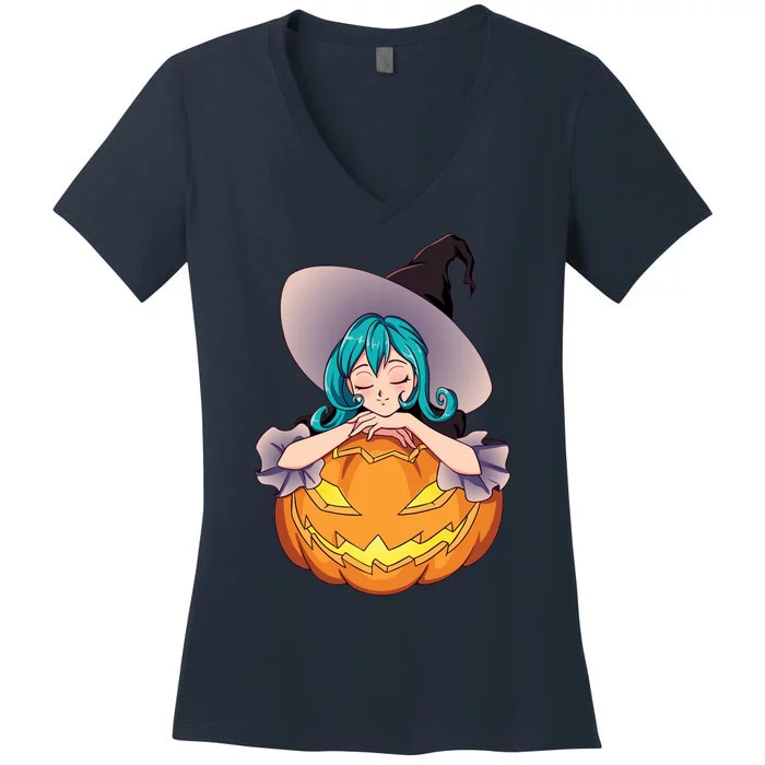 Halloween Cute Anime Witch Pumpkin Women's V-Neck T-Shirt