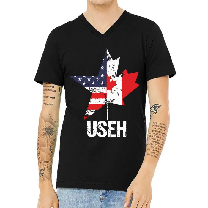 Half Canadian American USEH Canada USA Flag United States V-Neck T-Shirt