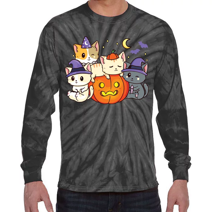 Halloween Cats Anime Cat Kawaii Neko Pumpkin Cat Lover Witch Tie-Dye Long Sleeve Shirt