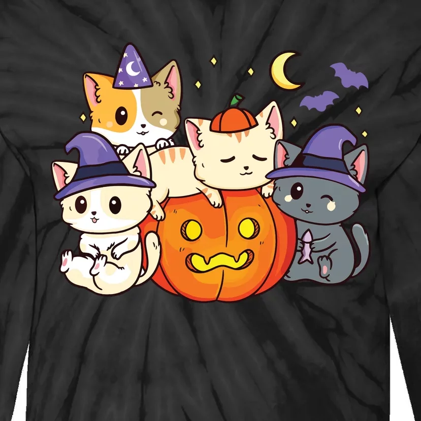 Halloween Cats Anime Cat Kawaii Neko Pumpkin Cat Lover Witch Tie-Dye Long Sleeve Shirt