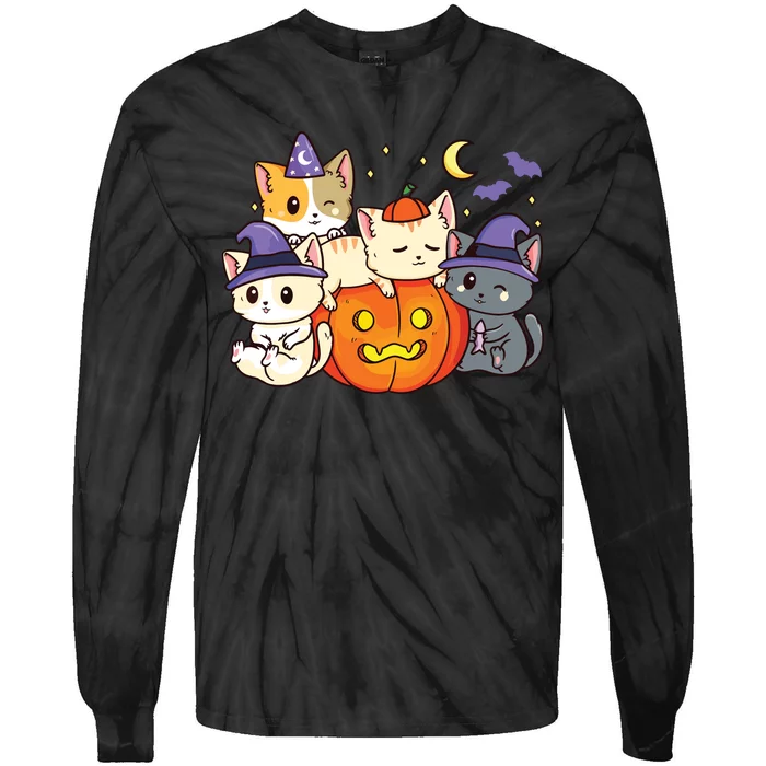 Halloween Cats Anime Cat Kawaii Neko Pumpkin Cat Lover Witch Tie-Dye Long Sleeve Shirt