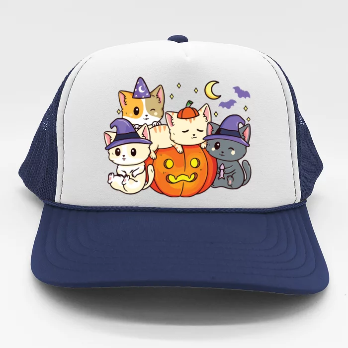 Halloween Cats Anime Cat Kawaii Neko Pumpkin Cat Lover Witch Trucker Hat