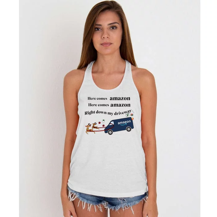 Here Comes Amazon Christmas Funny Women's Knotted Racerback Tank