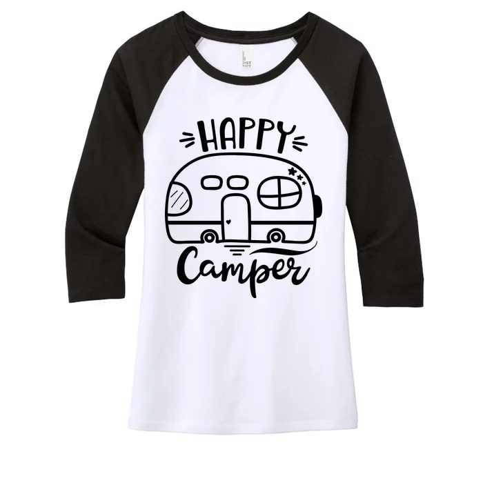 Happy Camper Adventure Travel Women's Tri-Blend 3/4-Sleeve Raglan Shirt