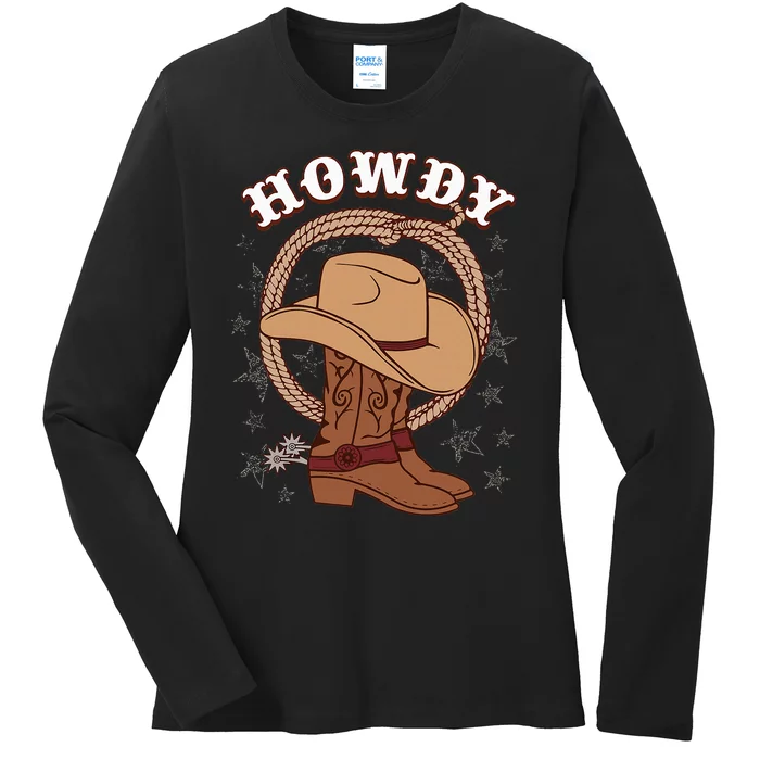 Howdy Cowboy Boots Hat Funny Rodeo Country Western Texas Ladies Long Sleeve Shirt