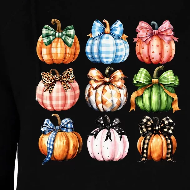 Halloween Coquette Bow Pumpkin Autumn Thanksgiving Womens Funnel Neck Pullover Hood