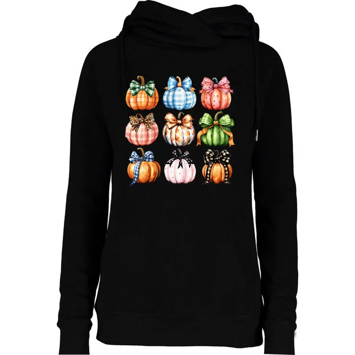 Halloween Coquette Bow Pumpkin Autumn Thanksgiving Womens Funnel Neck Pullover Hood