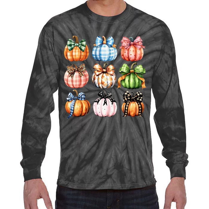 Halloween Coquette Bow Pumpkin Autumn Thanksgiving Tie-Dye Long Sleeve Shirt