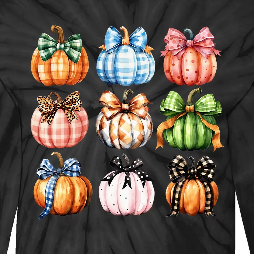 Halloween Coquette Bow Pumpkin Autumn Thanksgiving Tie-Dye Long Sleeve Shirt