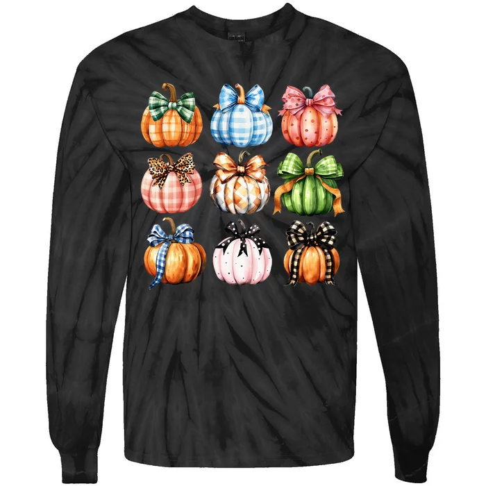 Halloween Coquette Bow Pumpkin Autumn Thanksgiving Tie-Dye Long Sleeve Shirt