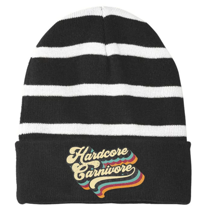 Hardcore Carnivore BBQ Meat Eating Lover 70s Retro Text Striped Beanie with Solid Band