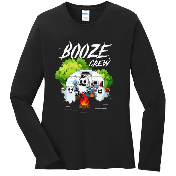 Halloween Camping Booze Crew Campfire Party Wine Gift Idea Ladies Long Sleeve Shirt