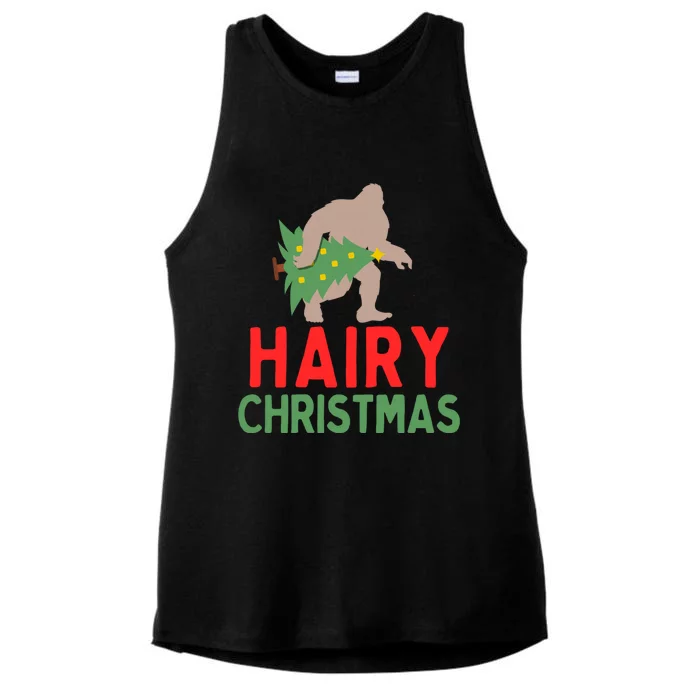 Hairy Christmas Big Foot Sasquatch Holding Tree Gift Ladies Tri-Blend Wicking Tank