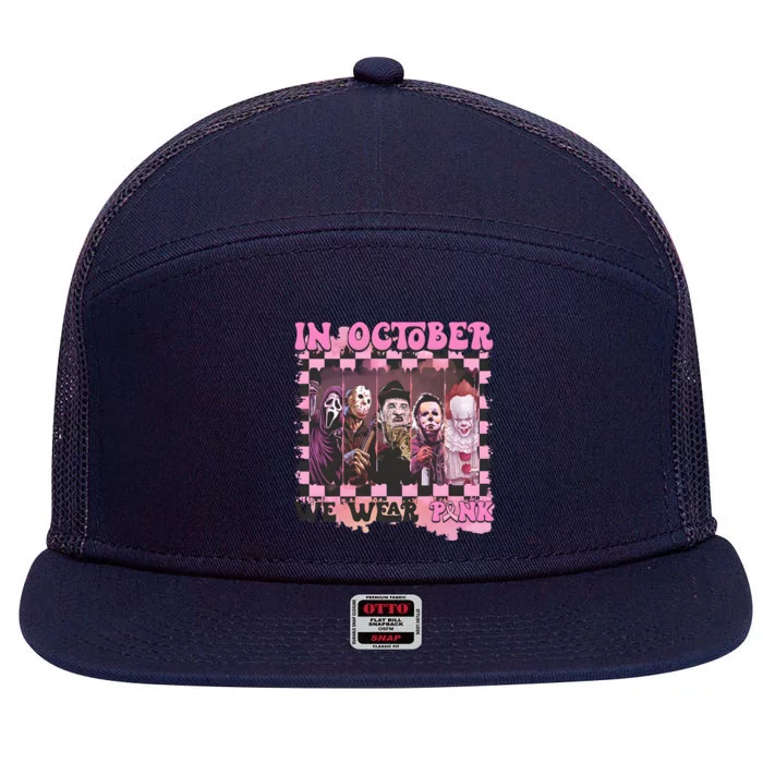 Horror Characters Breast Cancer Awareness Halloween Spooky Vibes 7 Panel Mesh Trucker Snapback Hat