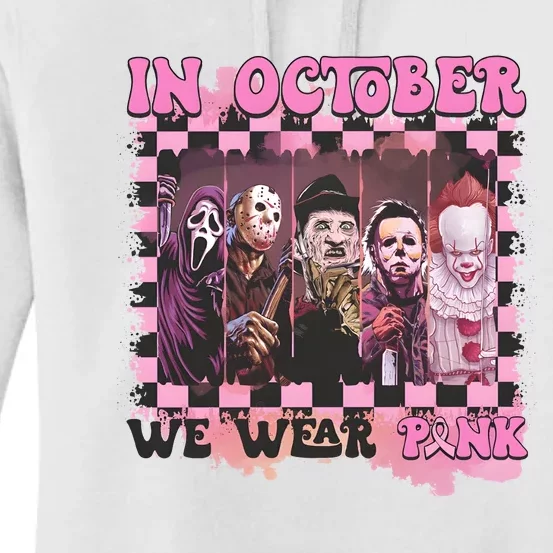 Horror Characters Breast Cancer Awareness Halloween Spooky Vibes Women's Pullover Hoodie