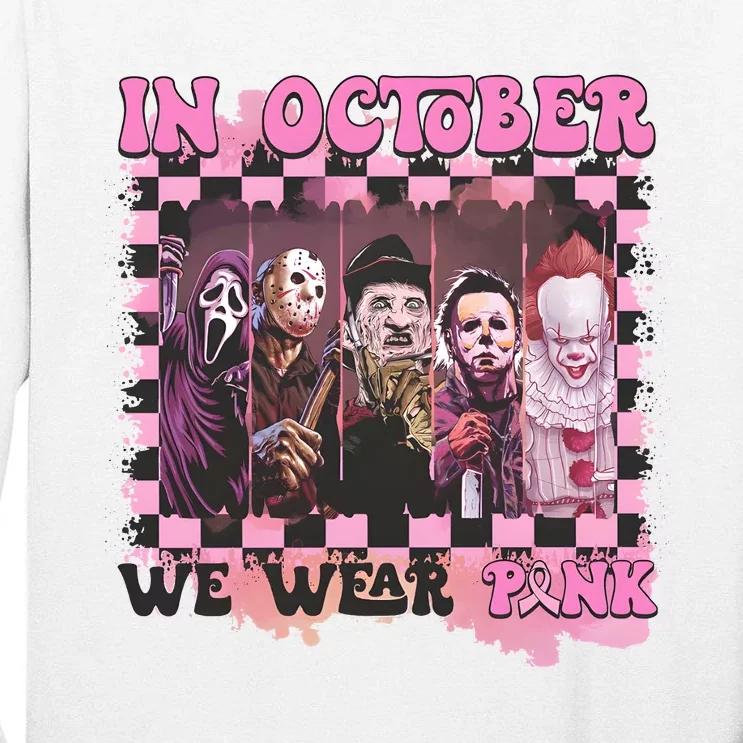 Horror Characters Breast Cancer Awareness Halloween Spooky Vibes Tall Long Sleeve T-Shirt