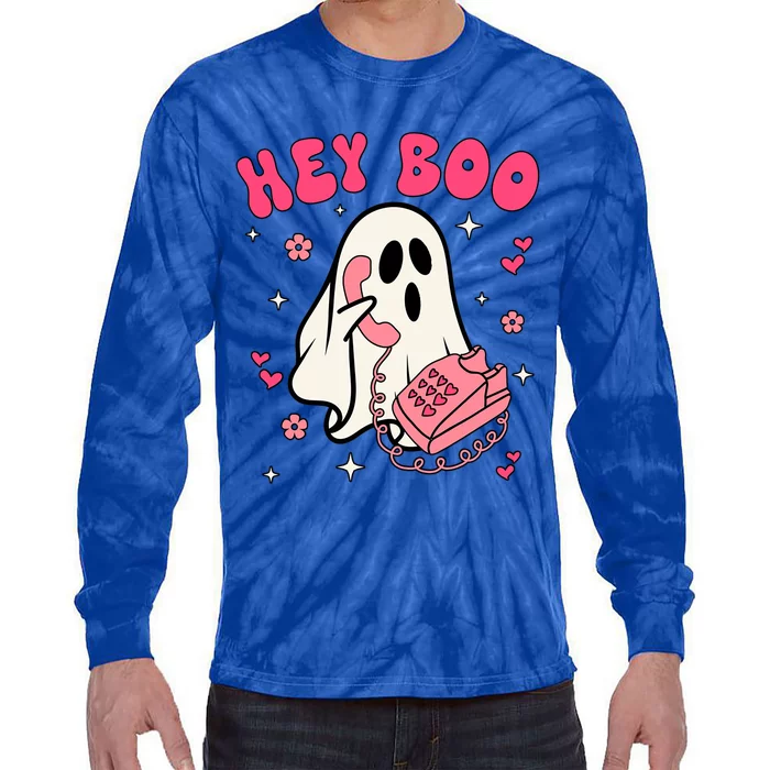 Hey Cute Boo Halloween Funny Little Ghost With Pink Phone Great Gift Tie-Dye Long Sleeve Shirt