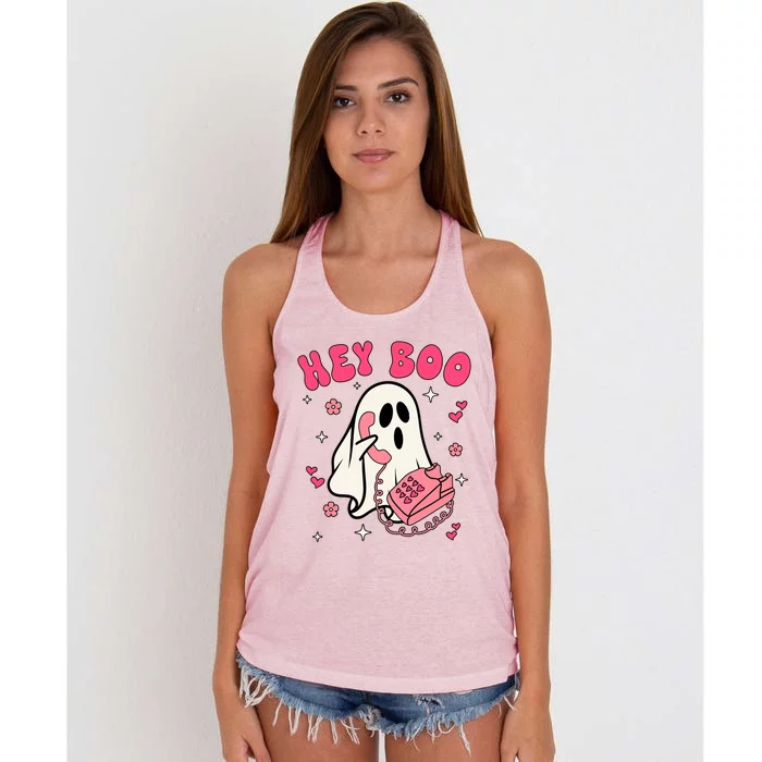 Hey Cute Boo Halloween Funny Little Ghost With Pink Phone Great Gift Women's Knotted Racerback Tank