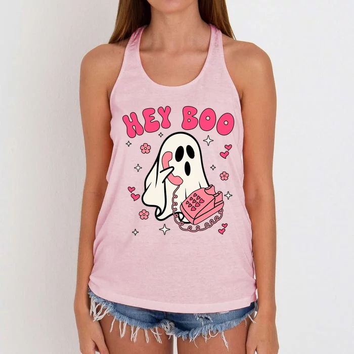 Hey Cute Boo Halloween Funny Little Ghost With Pink Phone Great Gift Women's Knotted Racerback Tank