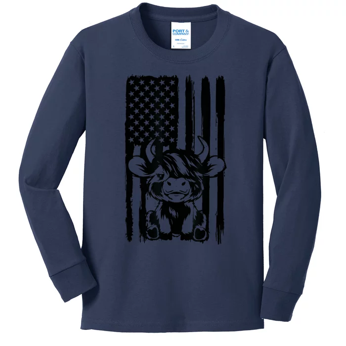 Highland Cow Baby American Flag USA Patriot Kids Long Sleeve Shirt