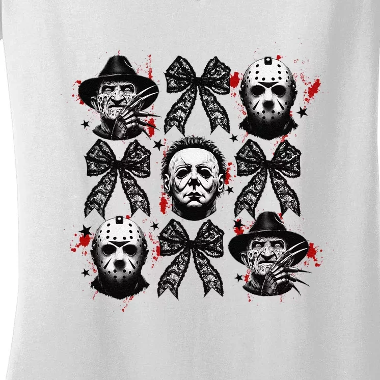 Halloween Coquette Bow Horror Characters Bow Spooky Season Women's V-Neck T-Shirt