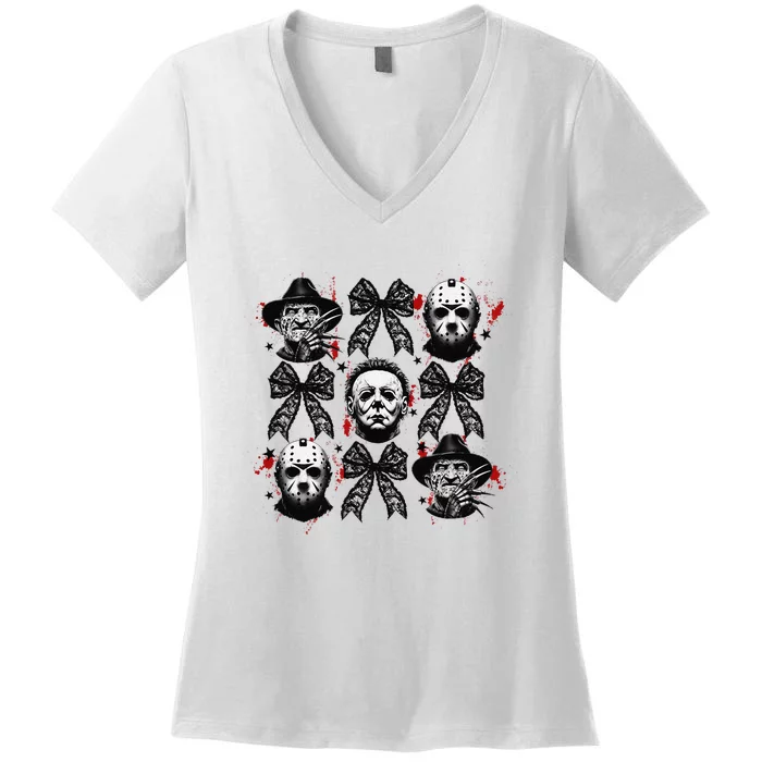 Halloween Coquette Bow Horror Characters Bow Spooky Season Women's V-Neck T-Shirt