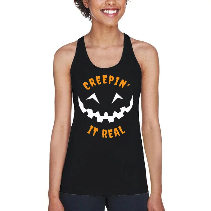 Halloween Costume Creepin’ it Real Pumpkin Funny Graphic Women's Racerback Tank